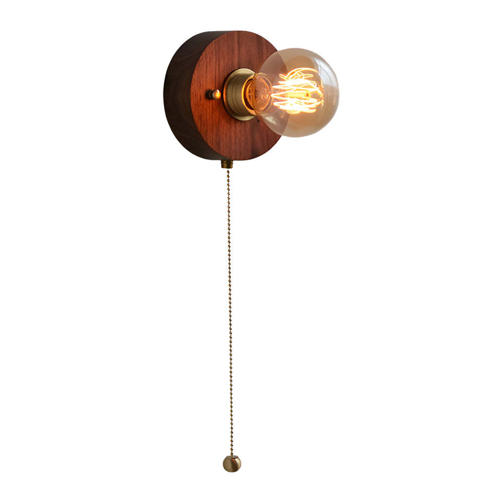 Round/Square Vintage Walnut Wood Wall Lamp 1-light with Pull Chain Switch-Lighom