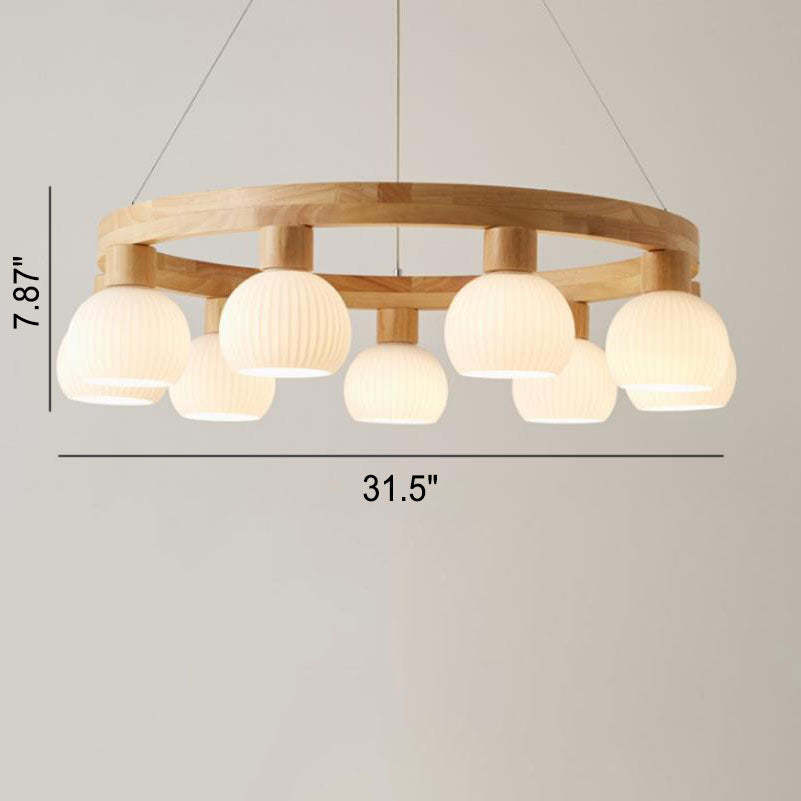 Modern Japanese Log Ring Textured Glass Globe Chandelier