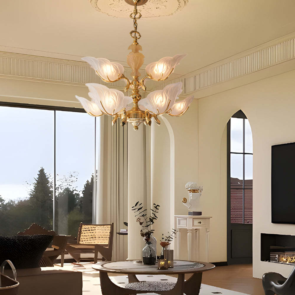 Italian Brass Murano Glass Leaves Chandelier