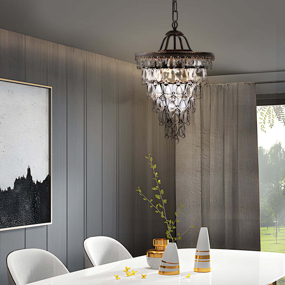 Tiered Crystal Water Drop Aged Metallic American Chandelier