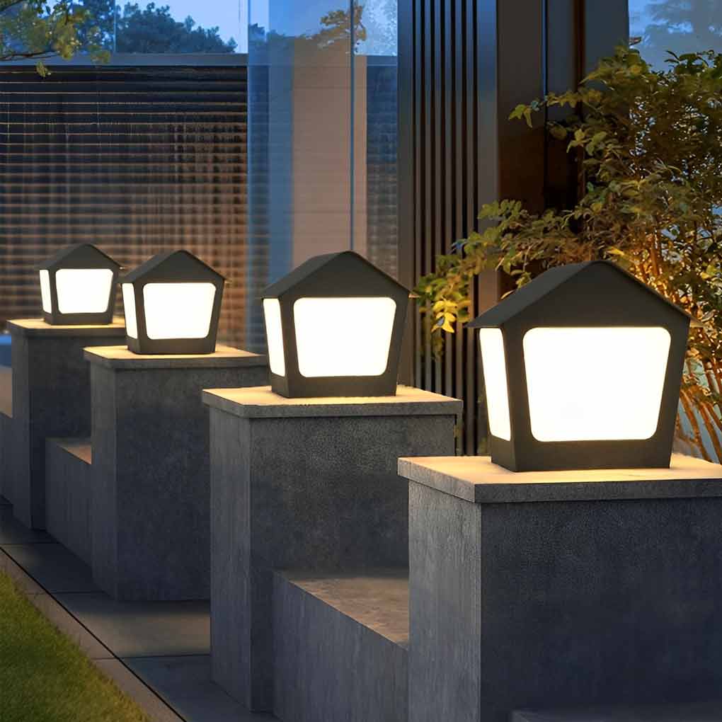 Cottage-Shaped LED Black Modern Solar Fence Post Light