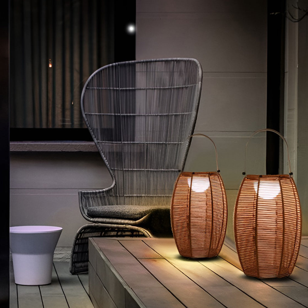 Rattan Lantern Shaped LED Waterproof Portable Modern Outdoor Floor Lamp-Lighom