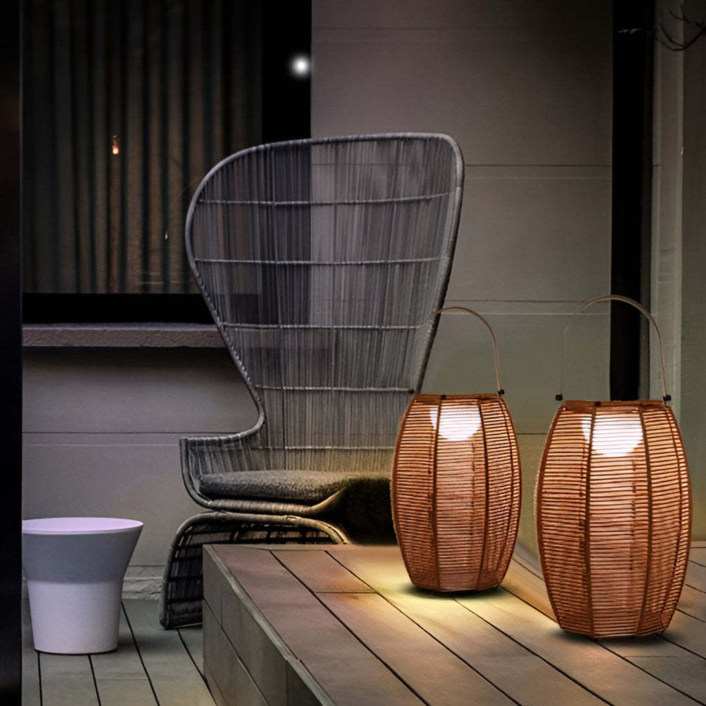 Rattan Lantern Shaped LED Waterproof Portable Modern Outdoor Floor Lamp-Lighom