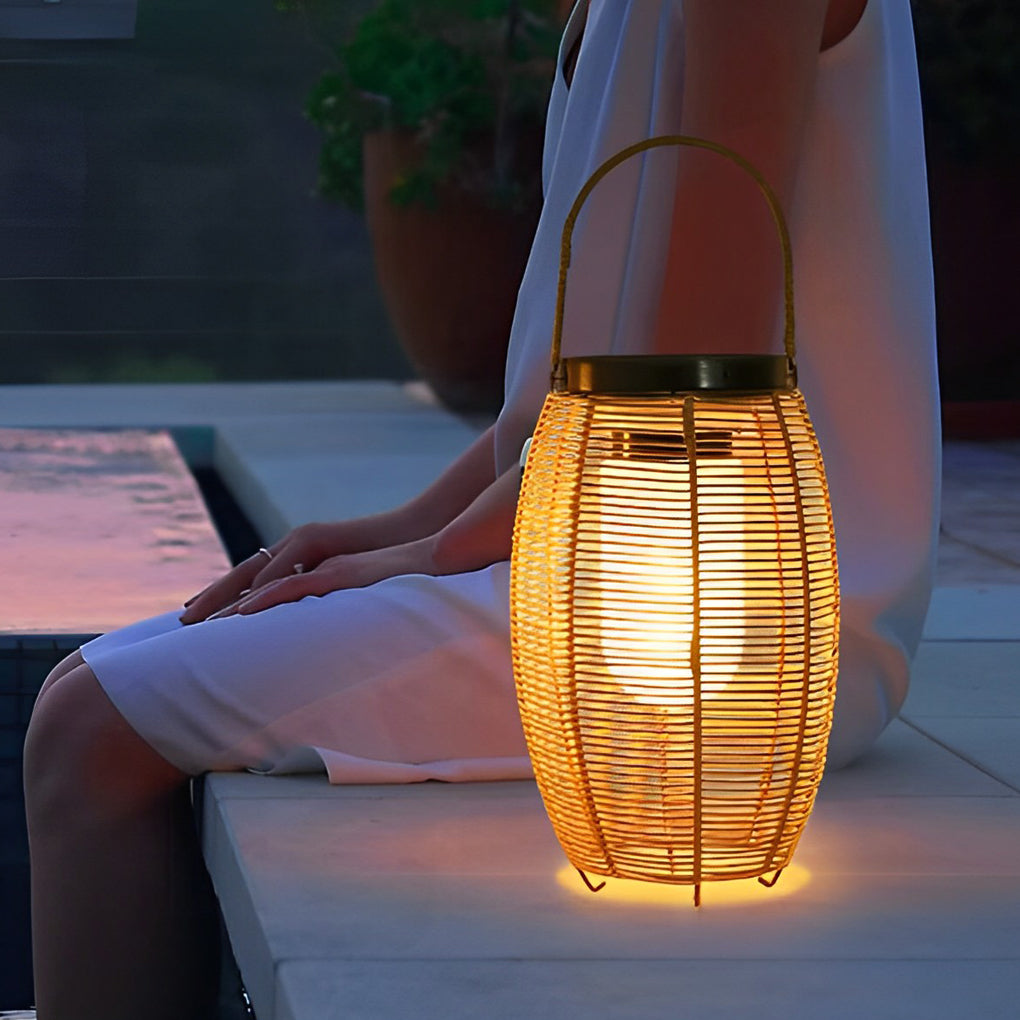 Portable Rattan Lantern LED Solar Floor Lamp