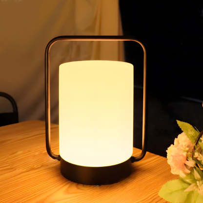 Modern Black Portable Outdoor Table Lamp With White Cylinder Shade, USB, IP65-Lighom