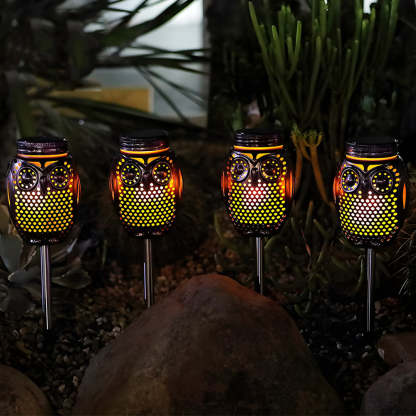 2-Pack Solar Lanterns Flickering Flame Metallic Owl Stake Solar Lights Garden Landscape Lights for Outdoor Decor-Lighom
