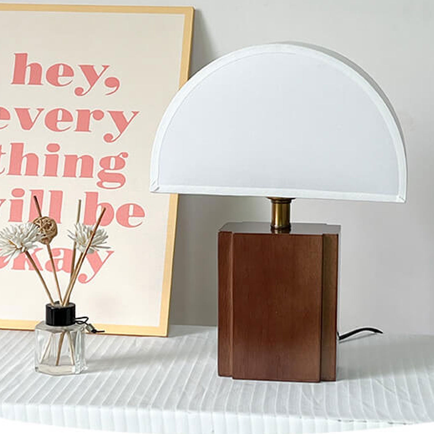 Vintage Semicircle Fabric Wooden Base Lamp