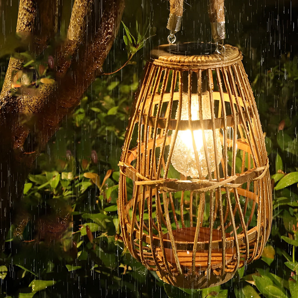 Portable Bamboo Rattan Retro Solar Outdoor Lantern
