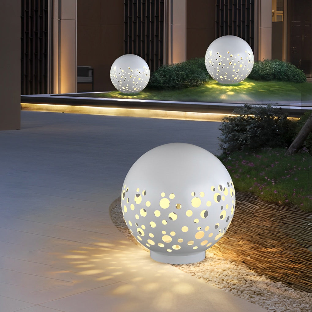 Waterproof Round Metal Hollow White Modern Outdoor Lanterns Lawn Lamp-Lighom