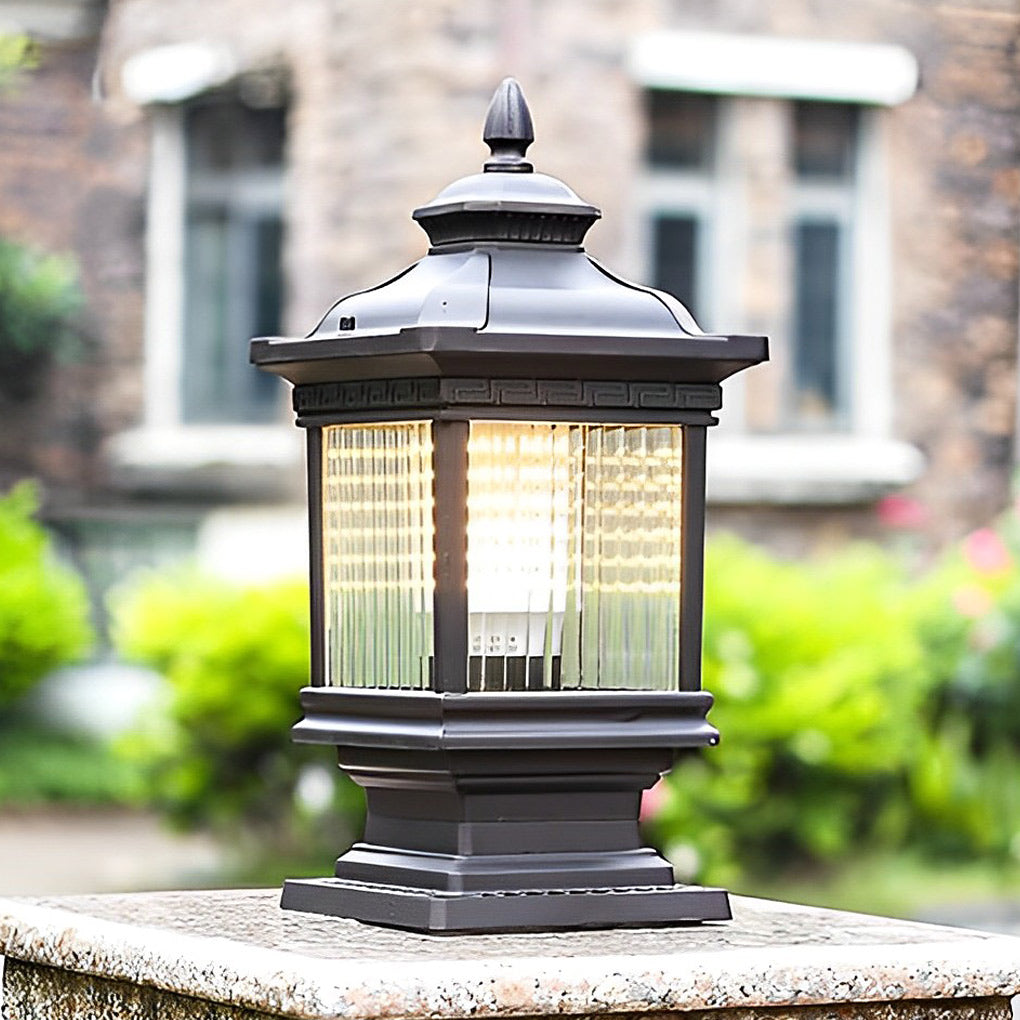 Lighom modern retro grille black outdoor post lights — 9" L x 9" W x 20" H / Solar / Set of 2