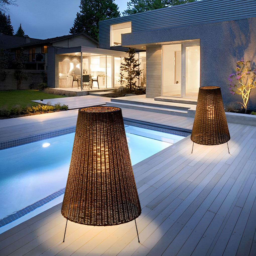 Rattan Shaded Tripod Metal and 1-Light Outdoor Floor Lamp-Lighom