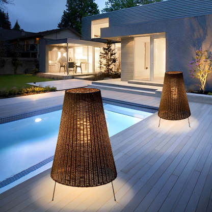 Rattan Shaded Tripod Metal and 1-Light Outdoor Floor Lamp-Lighom