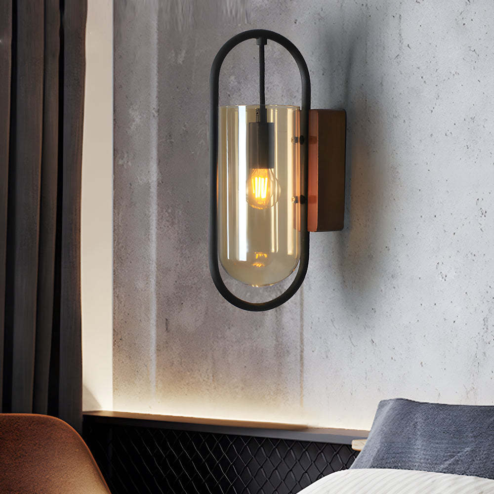 Retro Wood Base Iron Glass Shade LED 3 Step Dimming Nordic Wall Lights-Lighom