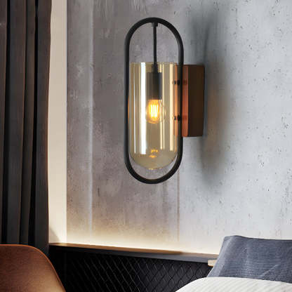 Retro Wood Base Iron Glass Shade LED 3 Step Dimming Nordic Wall Lights-Lighom