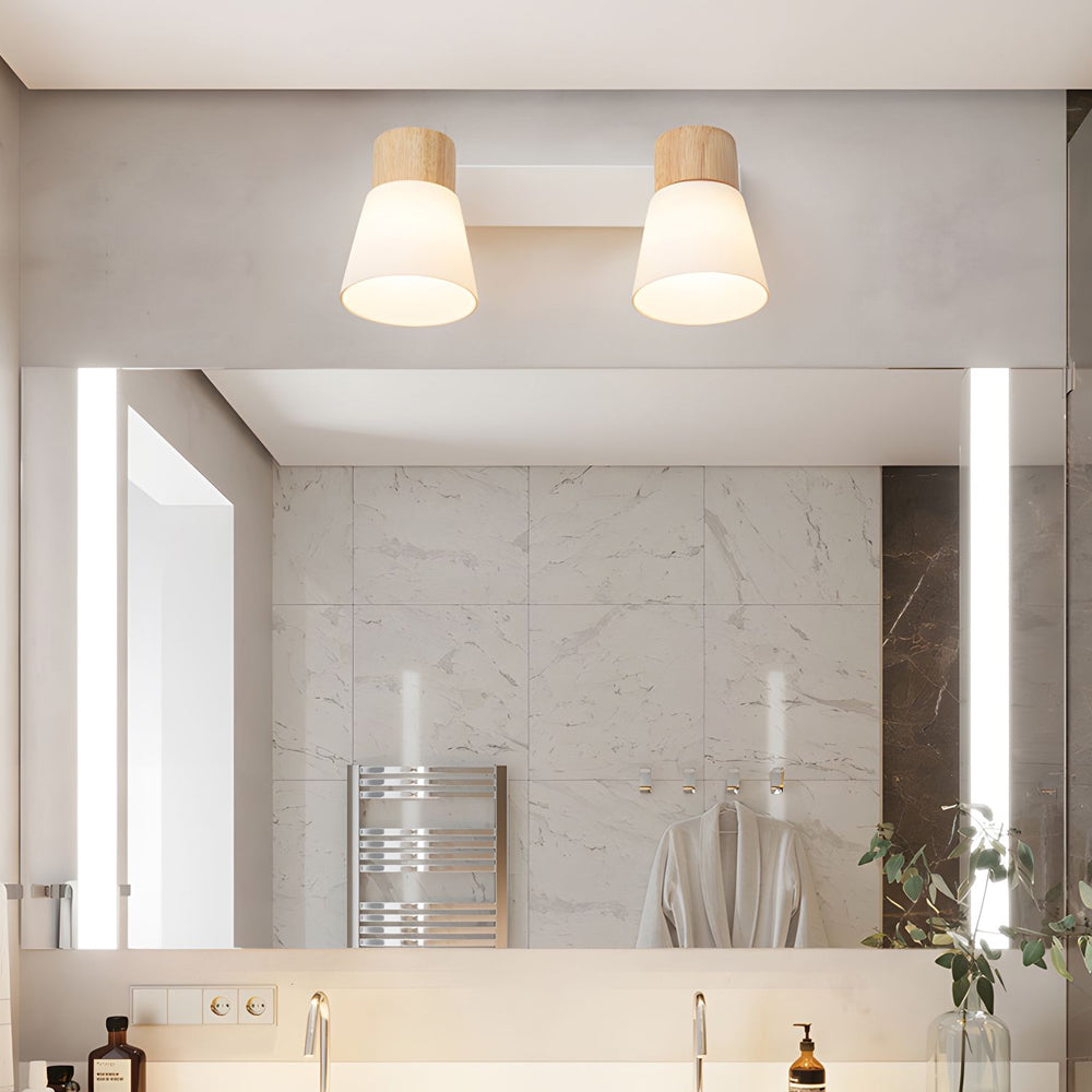 Wood Glass Cone Rotatable White Wall Sconce