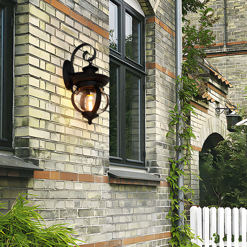 1-Light Seeded Glass Globe LED Outdoor Wall Lantern with Curved Arm-Lighom