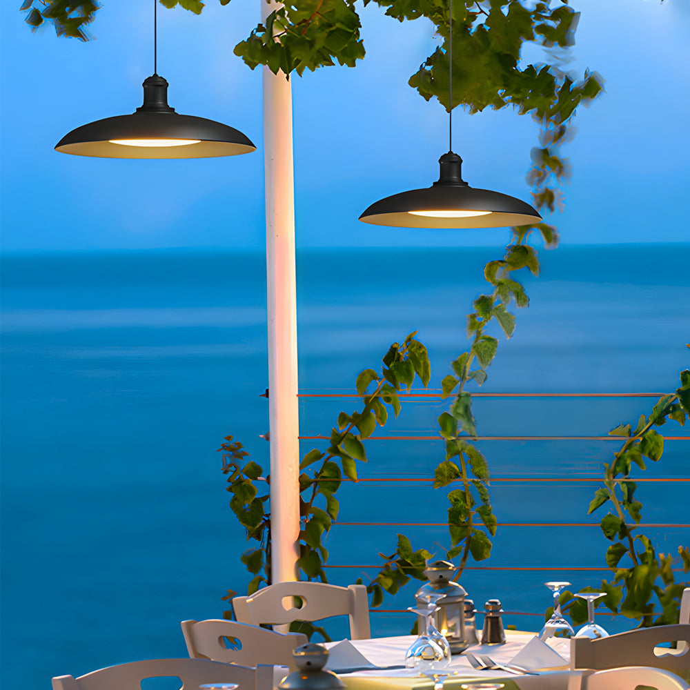 Round Black Hanging Outdoor Pendant Light - Metal Saucer-Shaped-Lighom