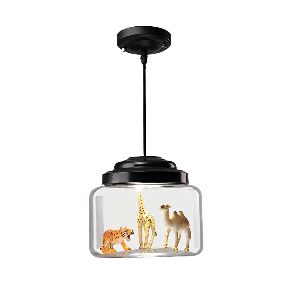 Animal Decor Glass Jar LED Black Modern Pendant Light — Antelope+Tiger+Rhino / Warm White