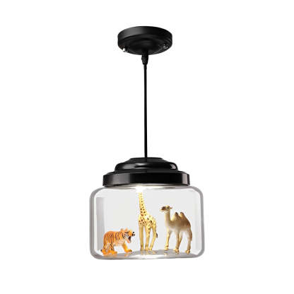 Animal Decor Glass Jar LED Black Modern Pendant Light — Antelope+Tiger+Rhino / Warm White