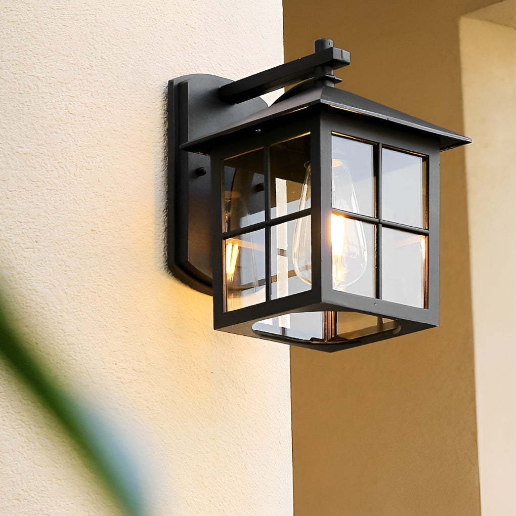 Antique Lantern Shaped Glass Waterproof Black Modern Wall Sconce Lighting-Lighom