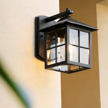 Antique Lantern Shaped Glass Waterproof Black Modern Wall Sconce Lighting-Lighom