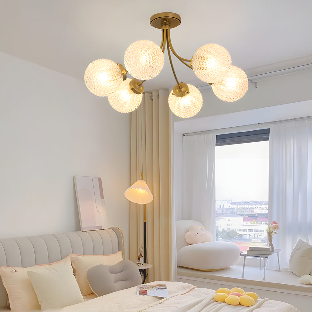 Modern Brass Carved Glass Semi-Flush Ceiling Light
