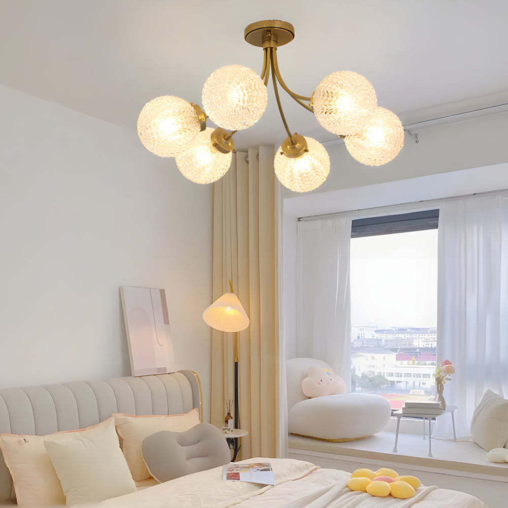 Modern Brass Carved Glass Semi-Flush Ceiling Light