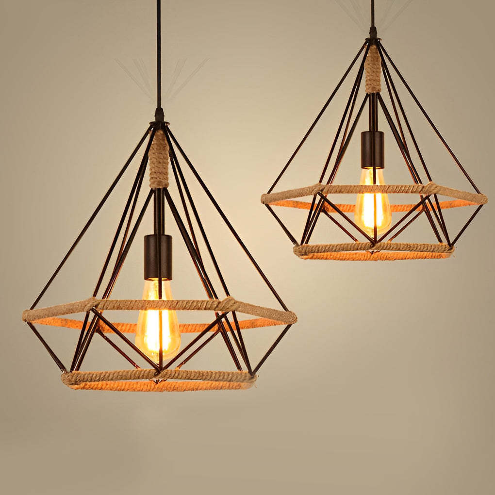 Geometric Iron Rope Lantern Black Rustic Pendant Chandelier