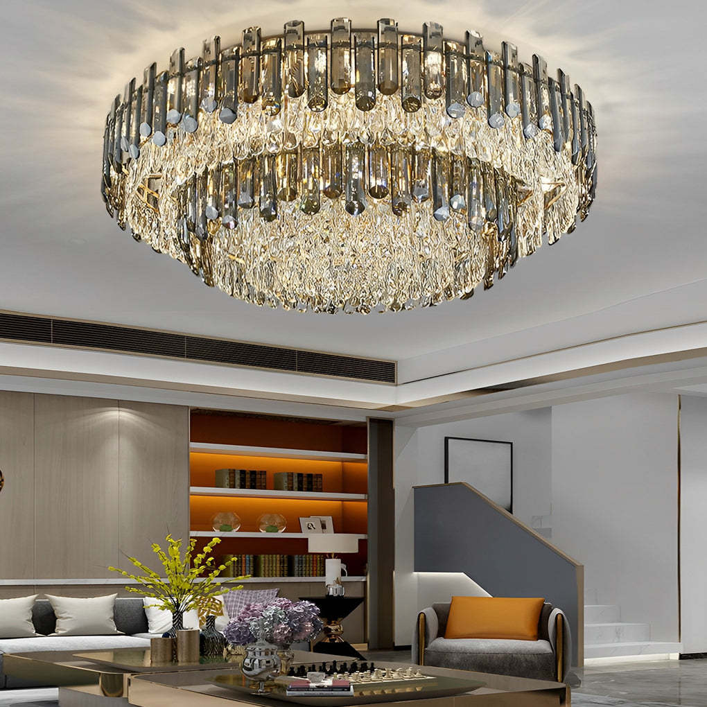 Modern round flush mount lighting in metal — 13" H x 31" Dia
