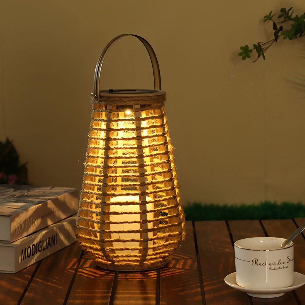 Portable Rattan Brown Retro Solar Outdoor Lantern — Set of 2