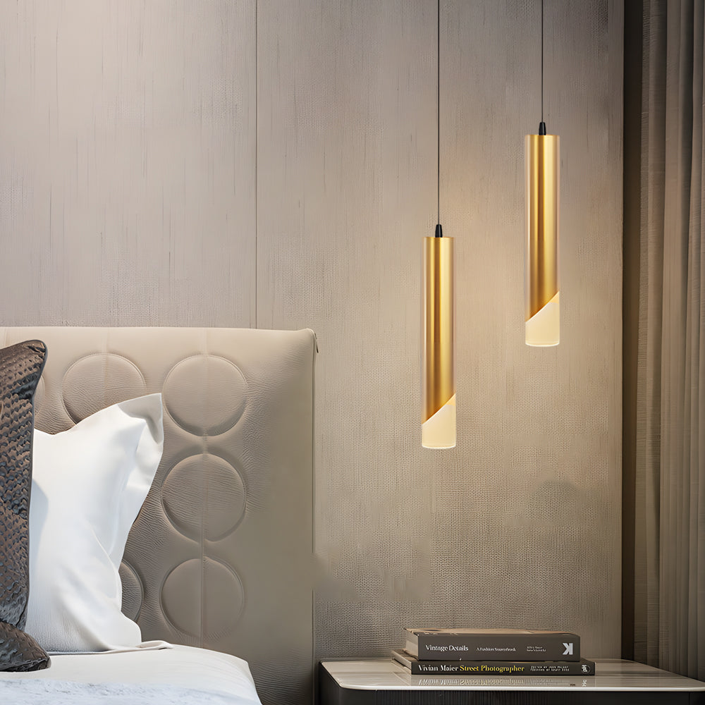 Modern cylinder slender gold pendant lighting