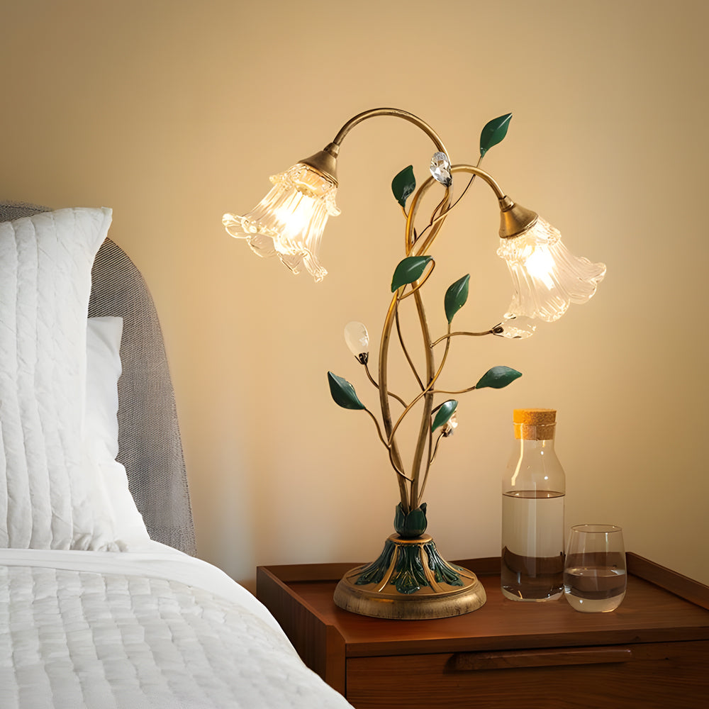 Dimmable Glass Floral Desk Lamp with Dual Lights and Leaf Accents for Ambiance-Lighom