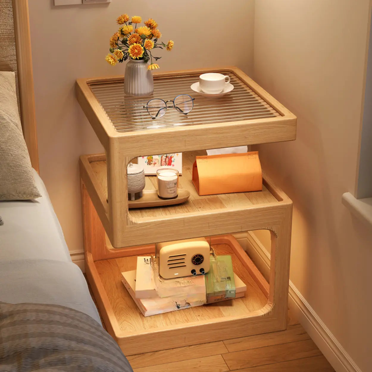 Narrow Square Oak Open Nightstand