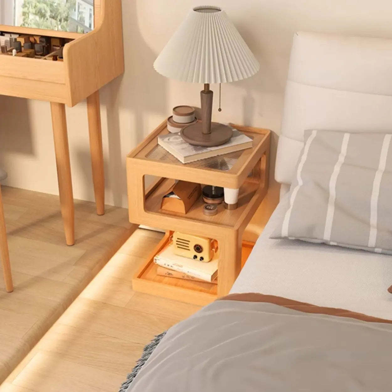 Narrow Square Oak Open Nightstand — Natural Finish / 1 Piece