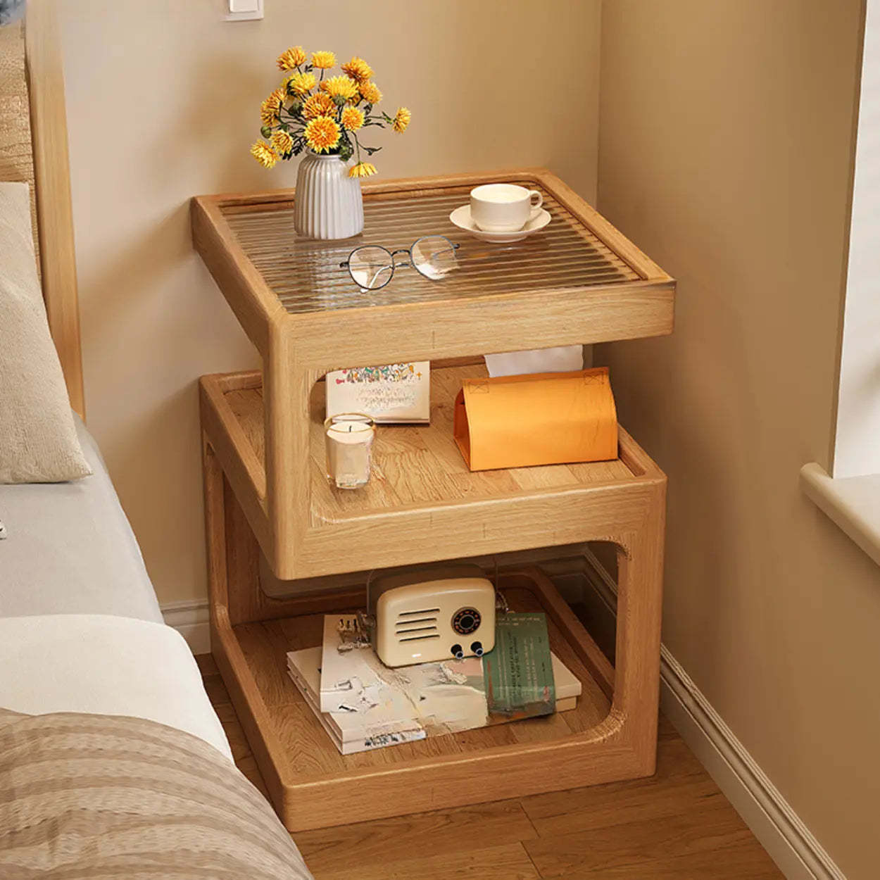 Modern square open oak nightstands — 11.8"L x 11.8"W x 21.3"H / White / Set of 2