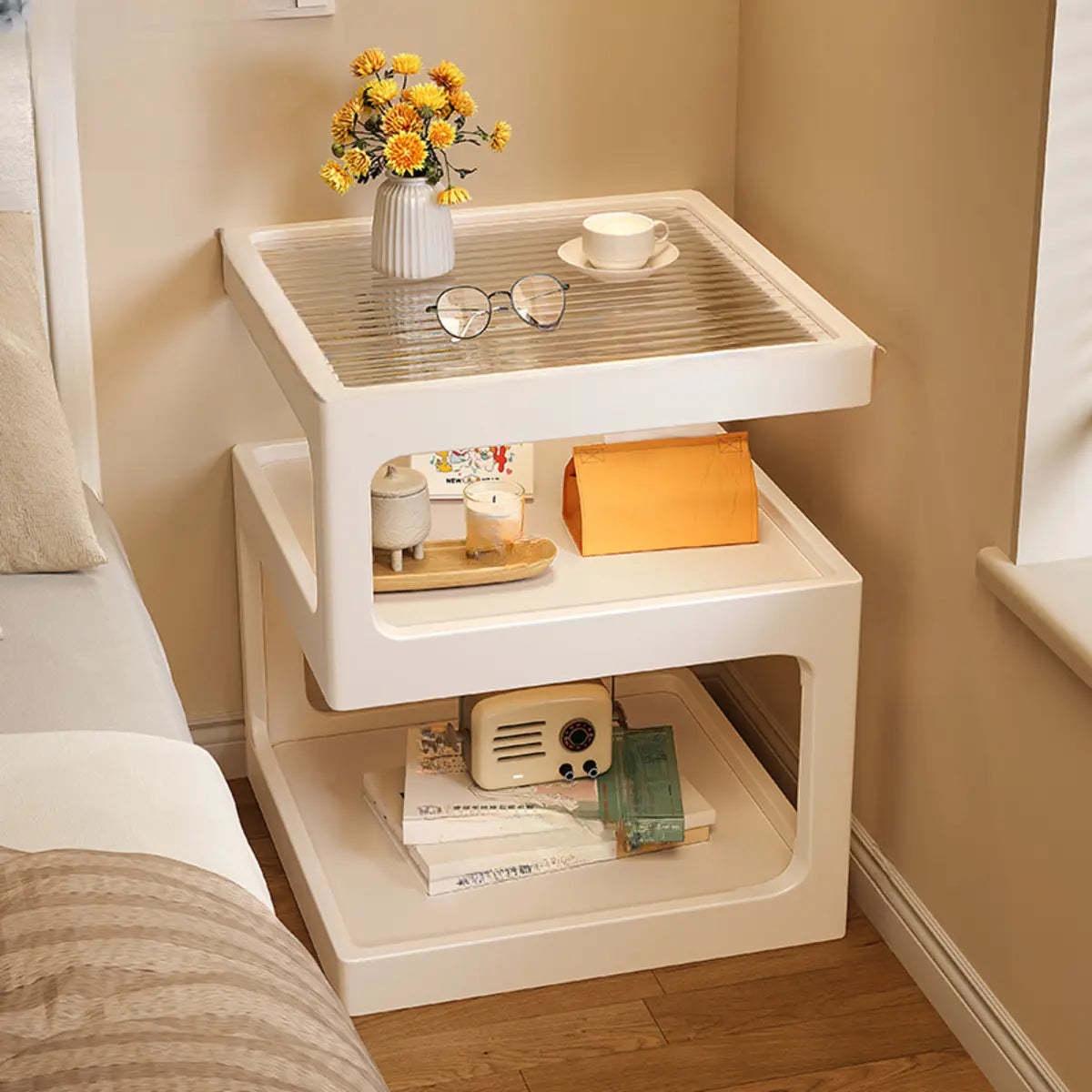Narrow Square Oak Open Nightstand — White / 1 Piece