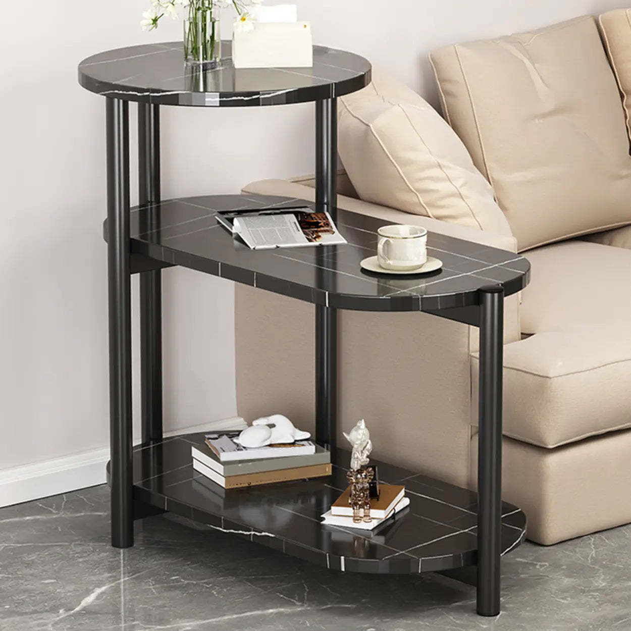 Oval Round Black Marble 3-Tier End Table — Black