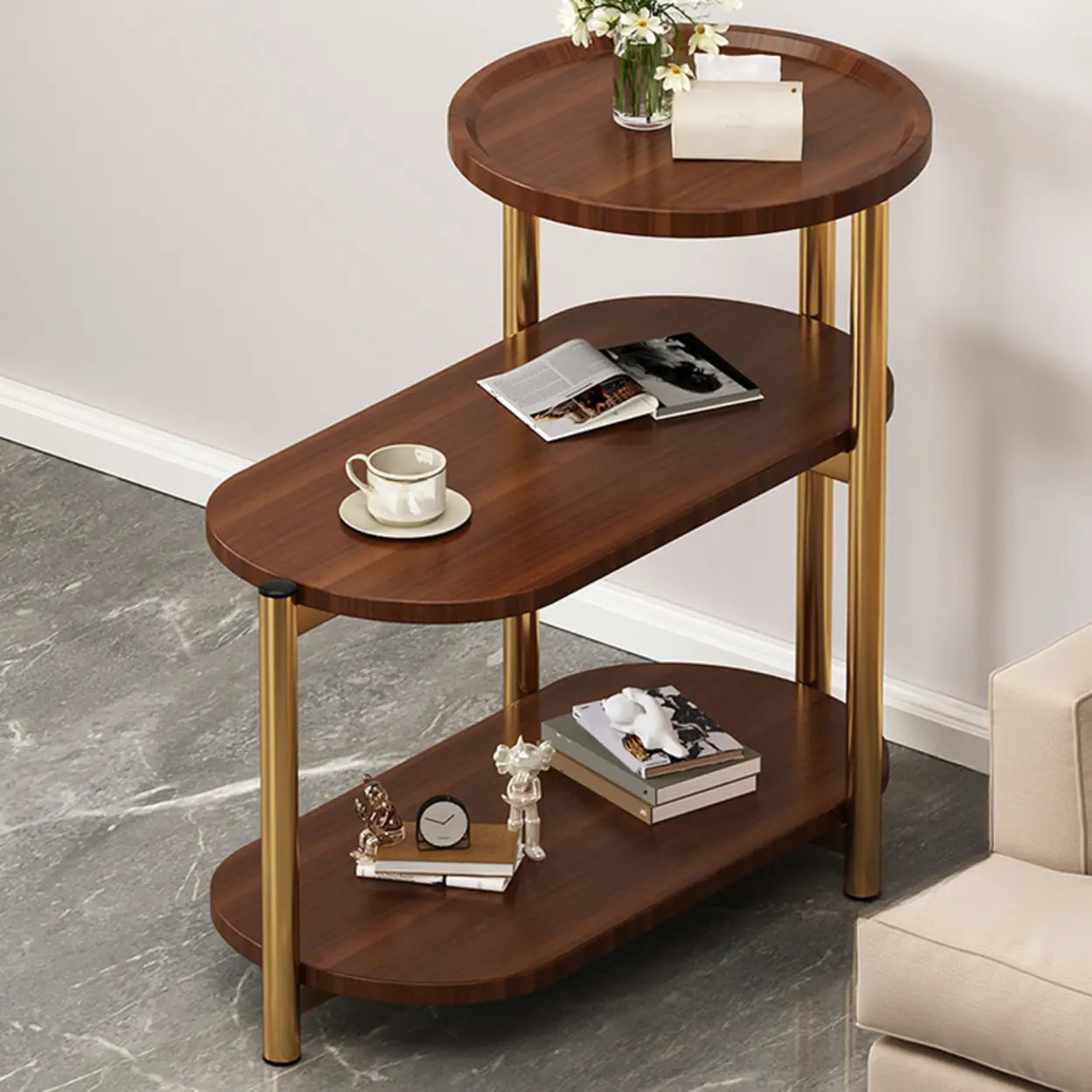 Oval Round Black Marble 3-Tier End Table