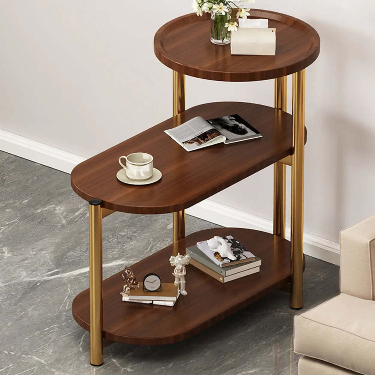 Oval Round Black Marble 3-Tier End Table