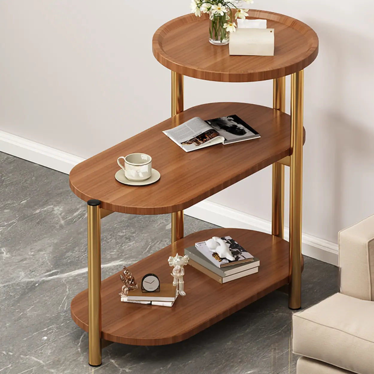 Oval Round Black Marble 3-Tier End Table