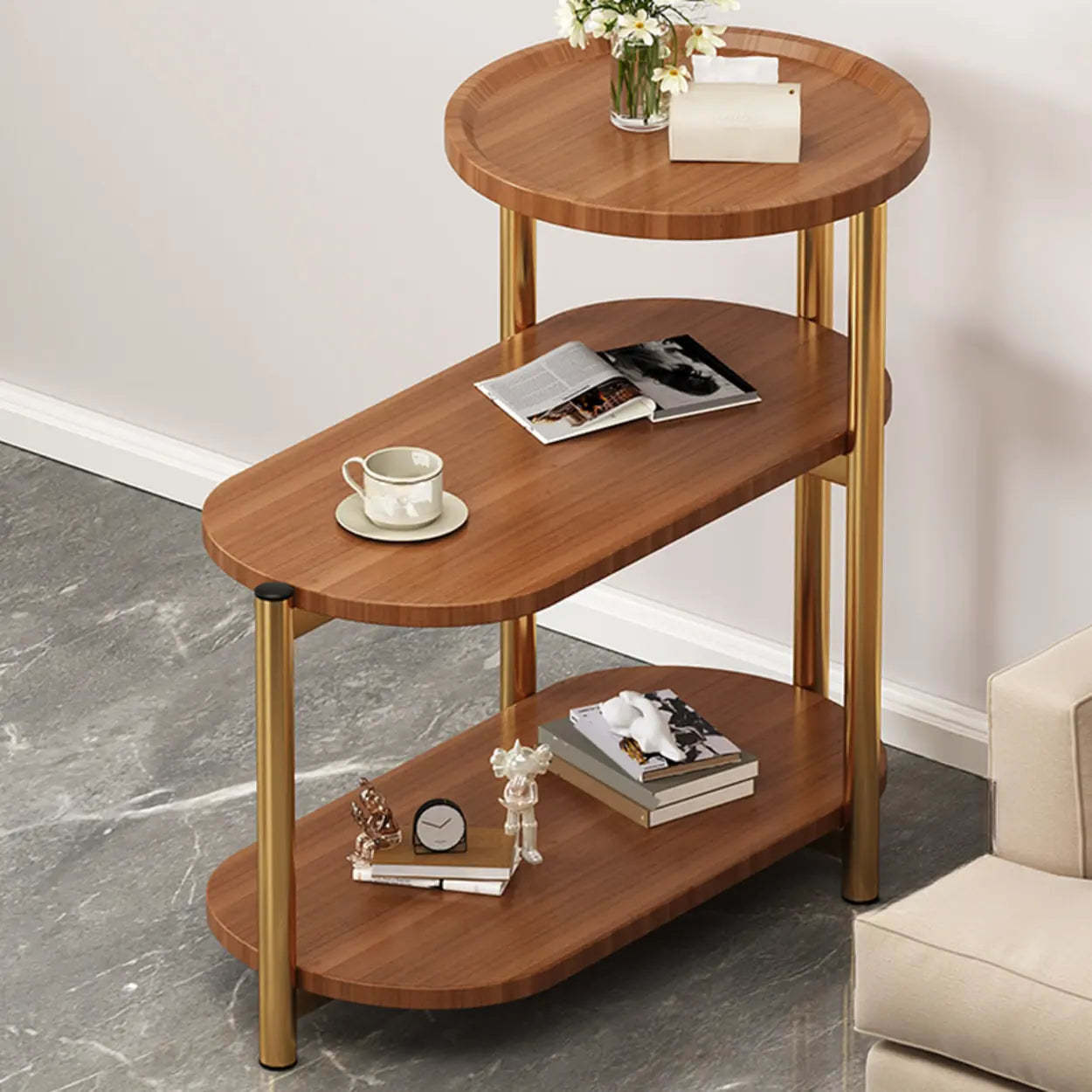 Oval Round Black Marble 3-Tier End Table