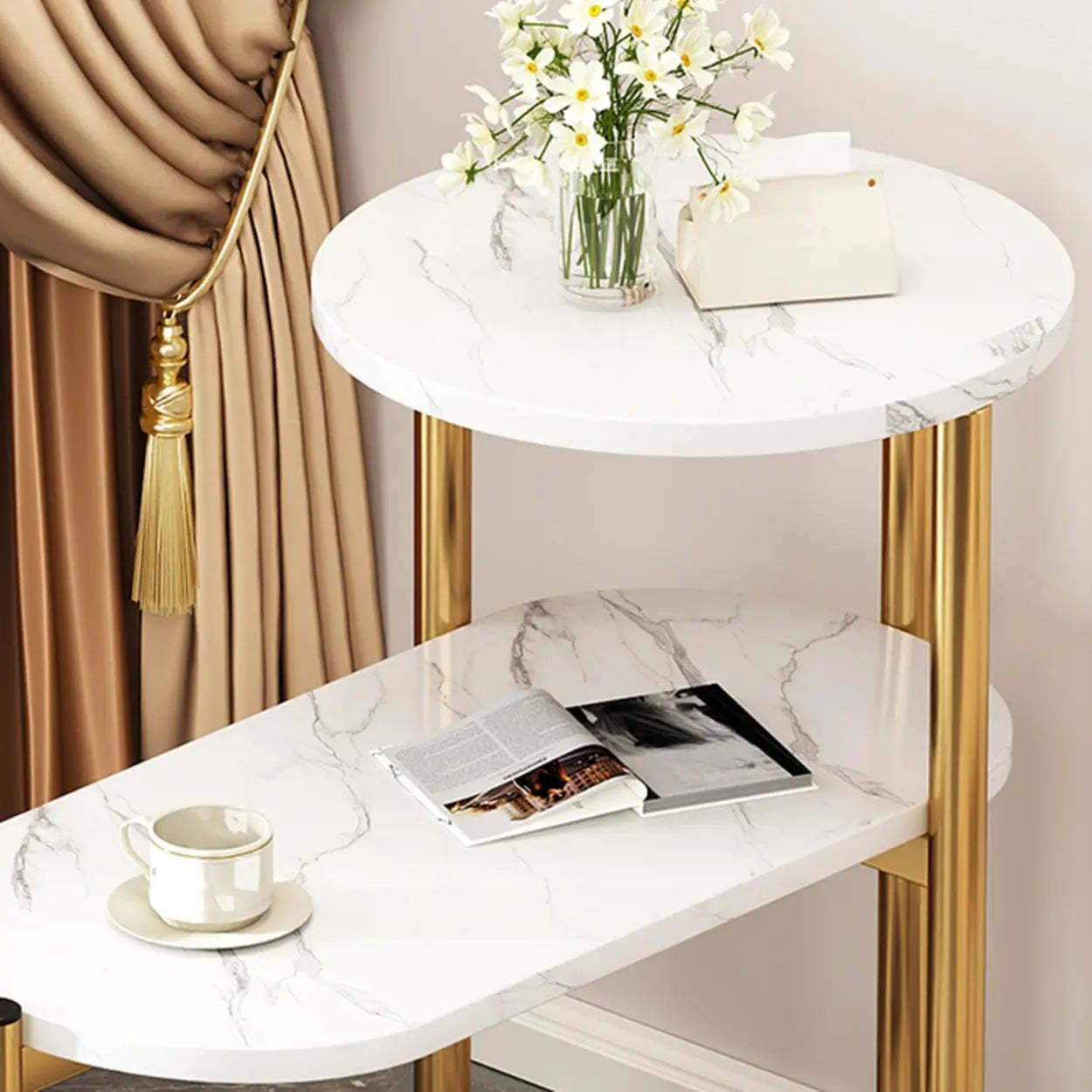 Oval Round Black Marble 3-Tier End Table