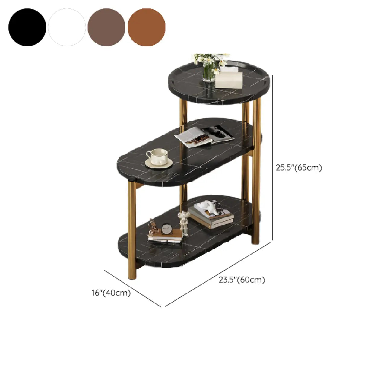 Oval Round Black Marble 3-Tier End Table