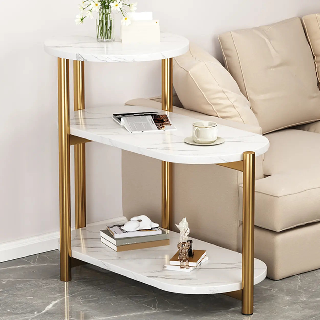 Oval Round Black Marble 3-Tier End Table — White