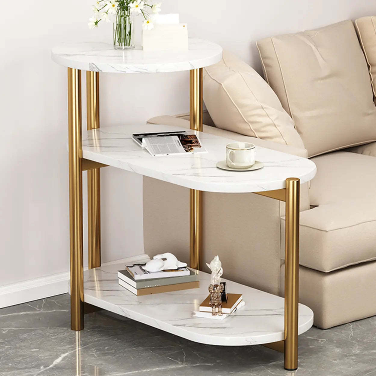 Oval Round Black Marble 3-Tier End Table — White