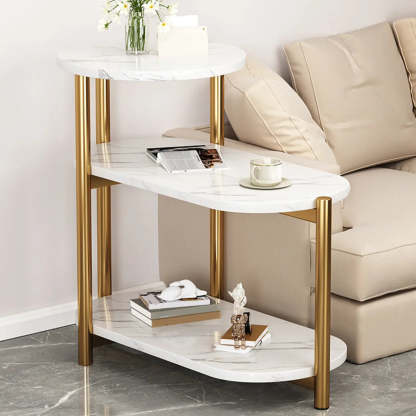 Oval Round Black Marble 3-Tier End Table — White