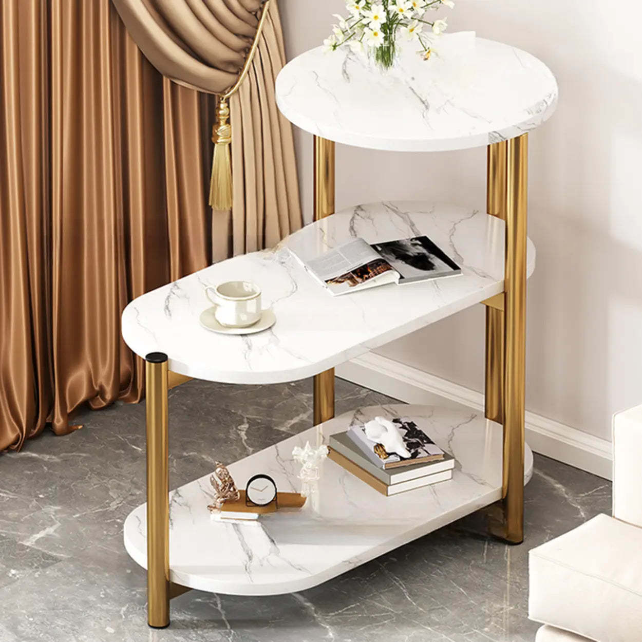 Oval Round Black Marble 3-Tier End Table — Walnut