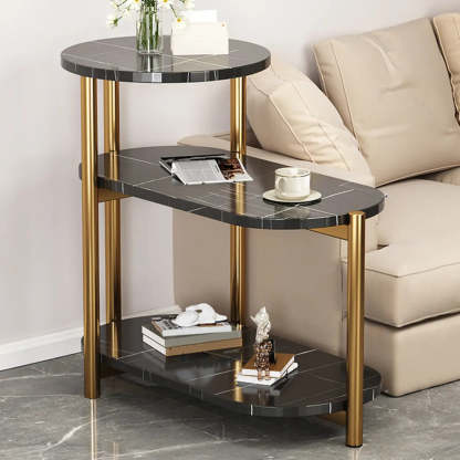Oval Round Black Marble 3-Tier End Table — Natural