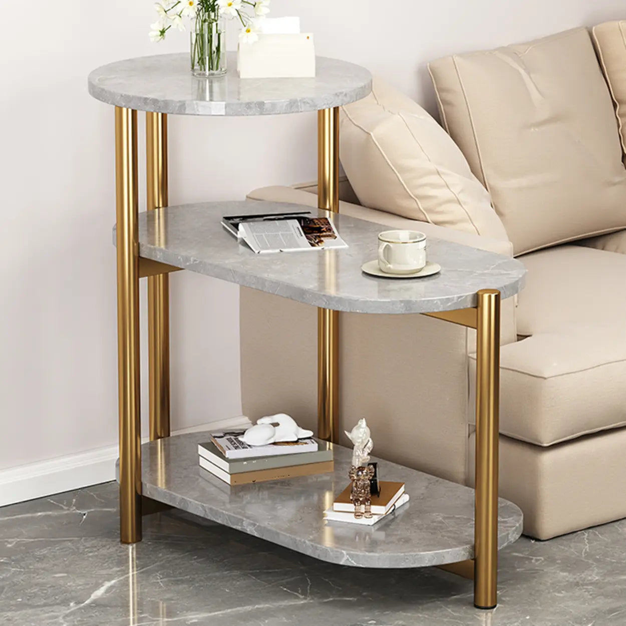 Oval Round Black Marble 3-Tier End Table — Black