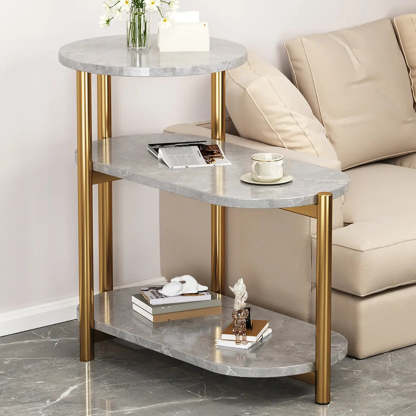 Oval Round Black Marble 3-Tier End Table — Black